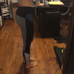 Grey activewear leggings w/ blue and black accents
